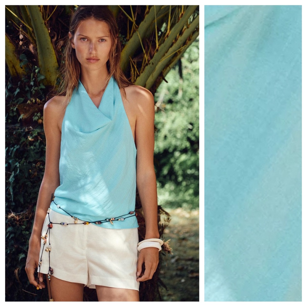 NWT. Zara Turquoise Viscose Blend Flowing Halter Neck Top. Size L.